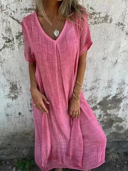 Linne- cotton and linen v neck midi dress