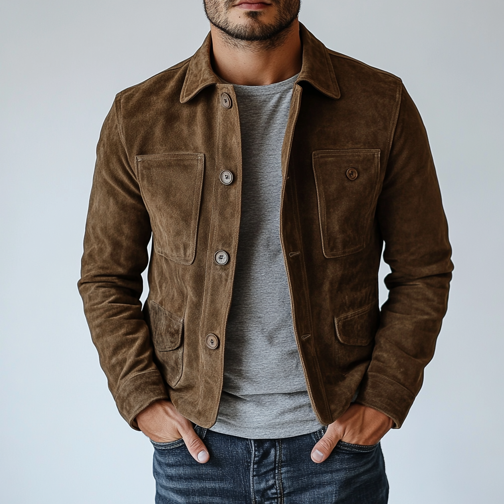 Men's Vintage Suede Buttons Multi-Pocket Lapel Jacket 84627631Y