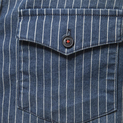 Men's Washed Distressed Striped Denim Shirt 98861733X